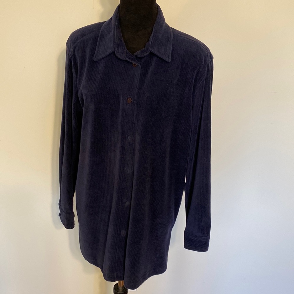 Deep blue blouse with corduroy-like ribbing.